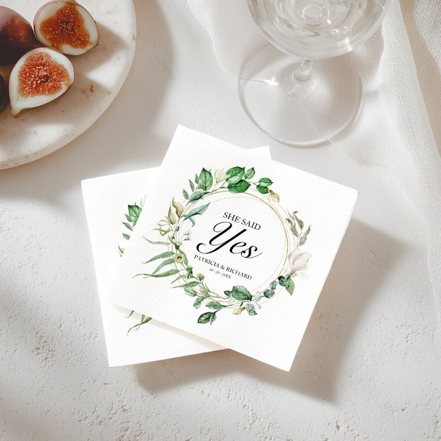 She Said Yes Greenery Geometric Engagement  Napkin (Creator Uploaded)