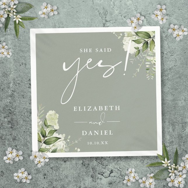 She Said Yes Greenery Sage Green Engagement Party Napkin (She Said Yes Greenery Sage Green Engagement Party Napkins)