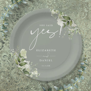 She Said Yes Greenery Sage Green Engagement Party Paper Plate