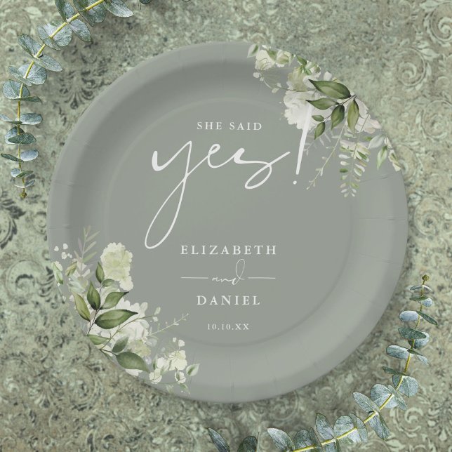 She Said Yes Greenery Sage Green Engagement Party Paper Plate (She Said Yes Greenery Sage Green Engagement Party Paper Plates)