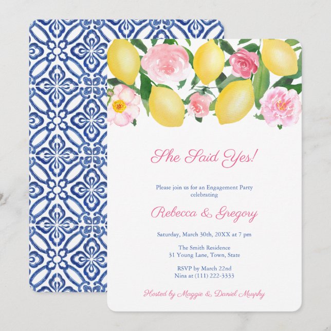 She Said Yes! Lemons & Blue Tiles Engagement Party Invitation (Front/Back)