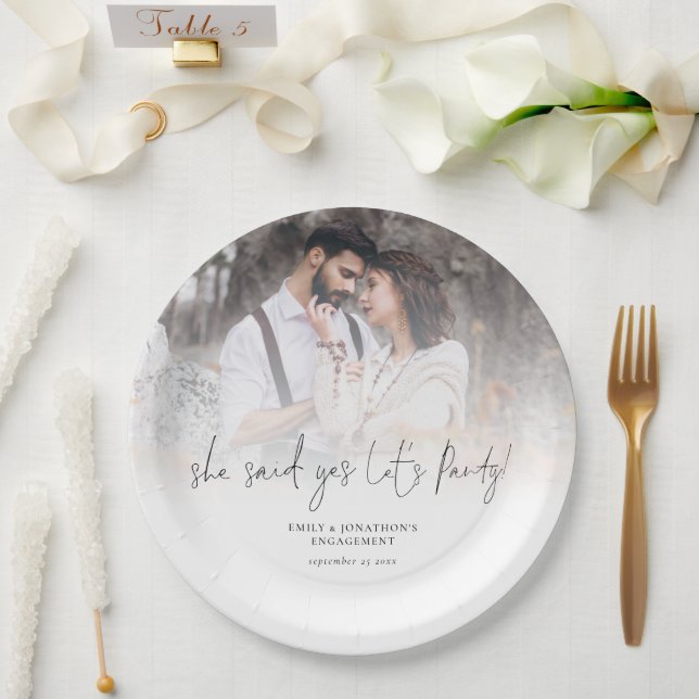 She Said Yes Lets Party Photo Overlay Engagement Paper Plate (Wedding)
