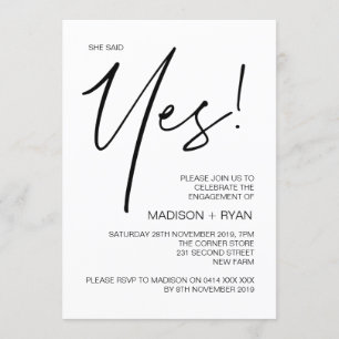 She Said Yes Modern Engagement Party Black & White Invitation