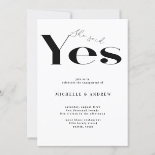 She said yes modern typography engagement invitation