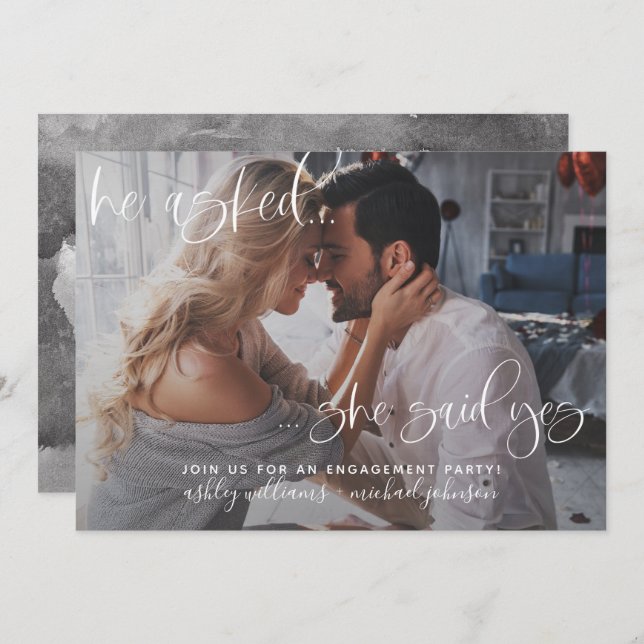 She Said Yes Photo Calligraphy Engagement Party Invitation (Front/Back)