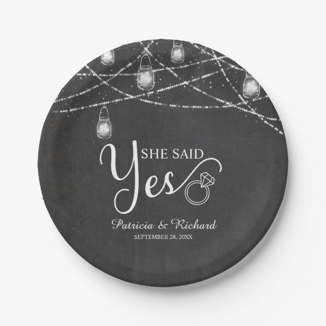 She Said Yes Rustic Chalk Engagement Party Paper Plate (Front)