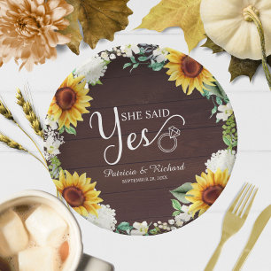 She Said Yes Rustic Sunflowers Engagement Party Paper Plate