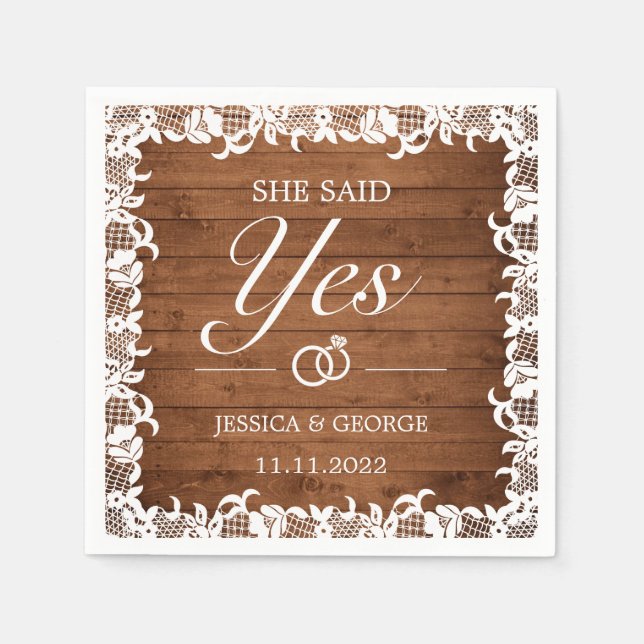 She Said Yes Rustic Wood & White Lace Napkin (Front)