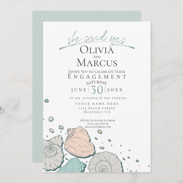 She Said Yes Seashell Engagement Coral Teal Invitation (Front/Back)