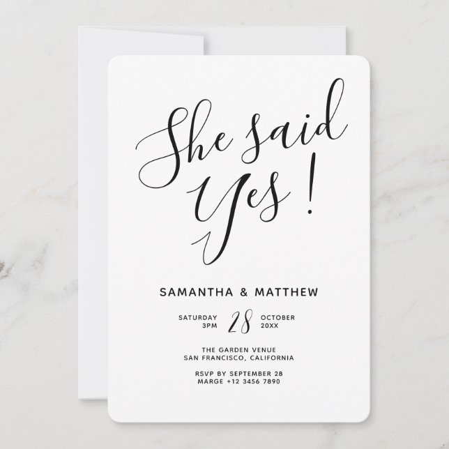 She Said Yes Simple Engagement Party Invitation (Front)