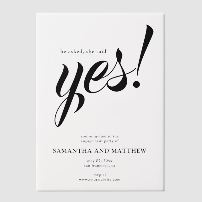 She Said Yes Simple Engagement Party  Vellum Invitations (Front)
