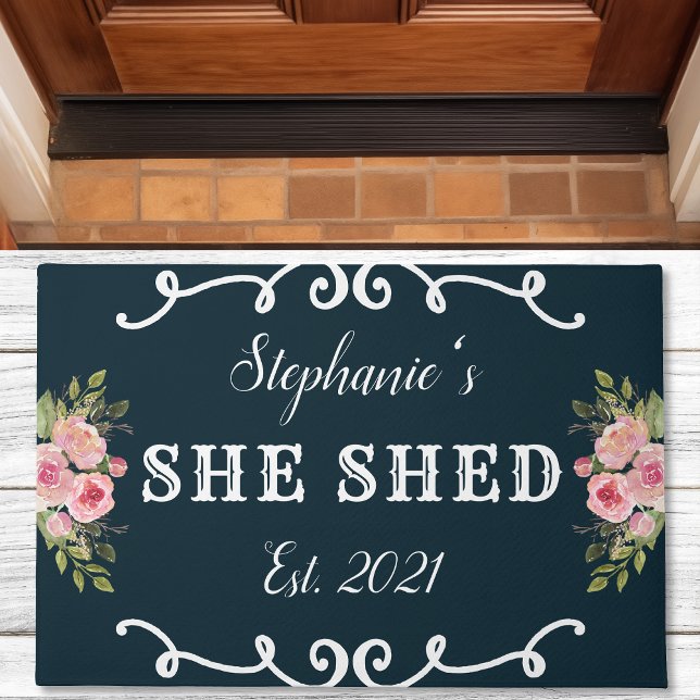 She Shed Floral Year Established Cute Navy Blue Doormat (Creator Uploaded)