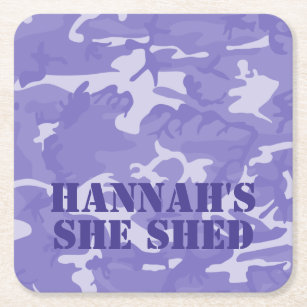 She Shed Personalised Purple Camo Square Paper Coaster