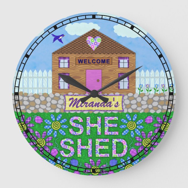 She Shed Woman Cave Custom Name Garden Hut Large Clock (Front)