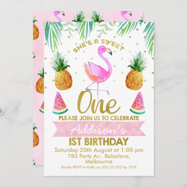 She So Sweet Tropical Flamingo First Birthday Invitation (Front/Back)