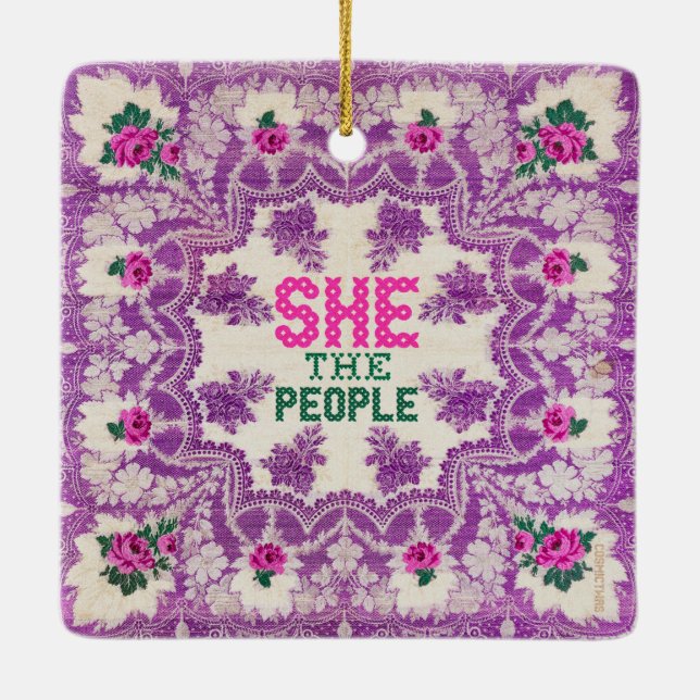She The People Cross Stitch Ceramic Tree Decoration (Back)