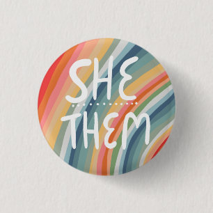 SHE/THEM Pronouns Colourful Handlettered Rainbow 3 Cm Round Badge