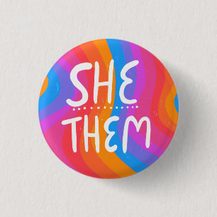 SHE/THEM Pronouns Colourful Handlettering Stripes 3 Cm Round Badge