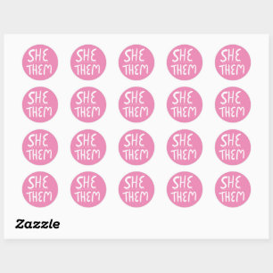 SHE / THEM Pronouns Pink Handlettering Set of  Classic Round Sticker