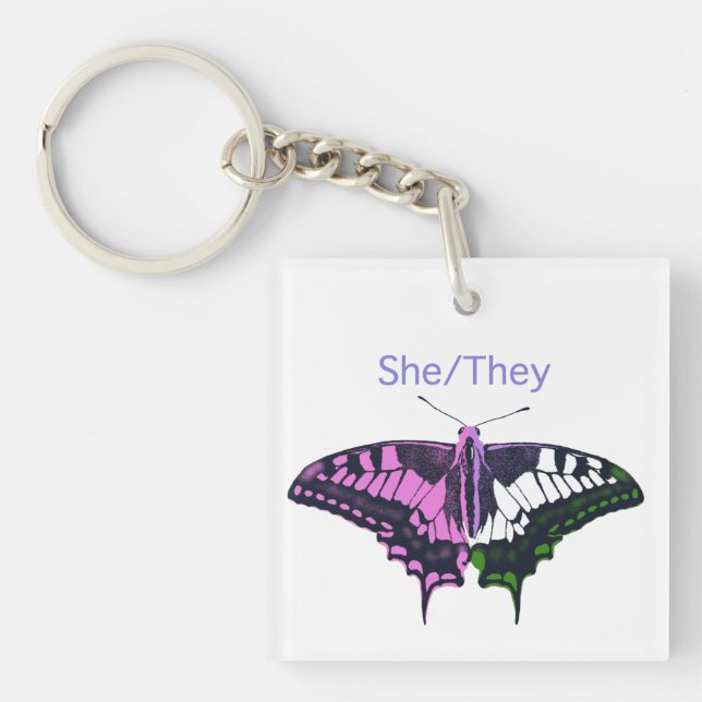 She/They Non-Binary Flag Swallowtail Butterfly Key Ring (Front)