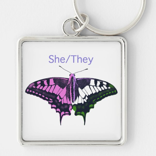 She/They Non-Binary Flag Swallowtail Butterfly Key Ring (Front)