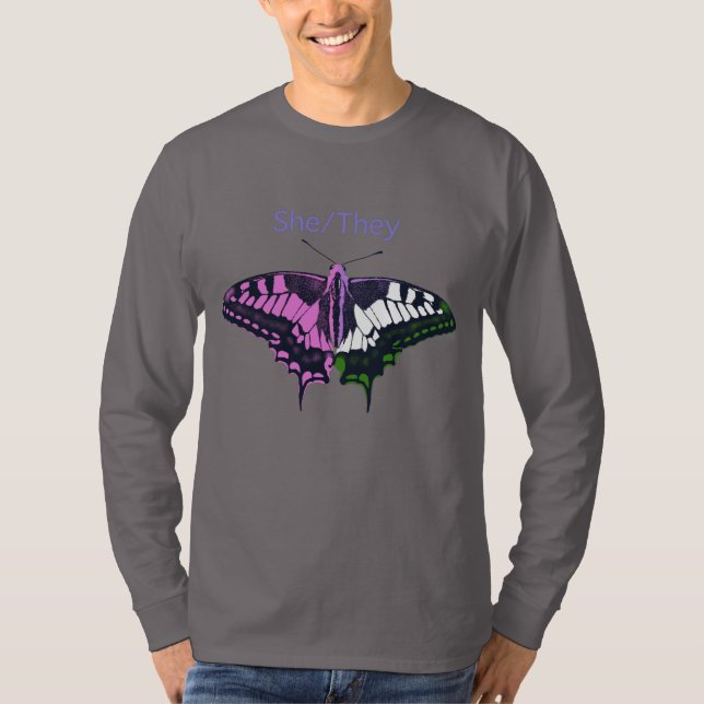She/They Non-Binary Flag Swallowtail Butterfly T-Shirt (Front)