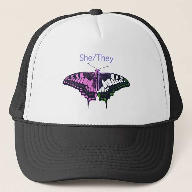She/They Non-Binary Flag Swallowtail Butterfly Trucker Hat (Front)