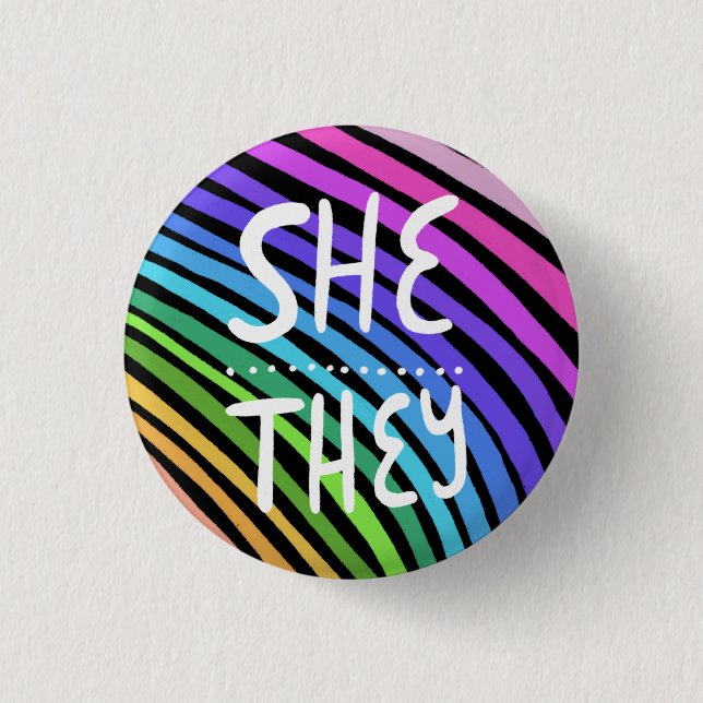 SHE/THEY Pronouns Colourful Handlettered Rainbow 3 Cm Round Badge (Front)