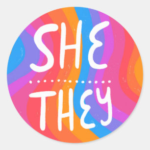 SHE/THEY Pronouns Rainbow Handlettering Sheet of Classic Round Sticker