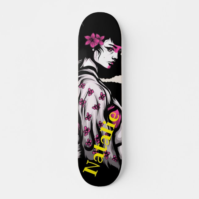 She wears a black and pink flower in her hair skat skateboard (Front)