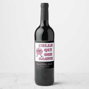 She Who Dares Wins in French Congrats Wine Label