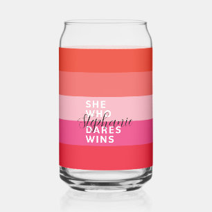 She Who Dares Wins Motivational Pink Stripes  Can Glass