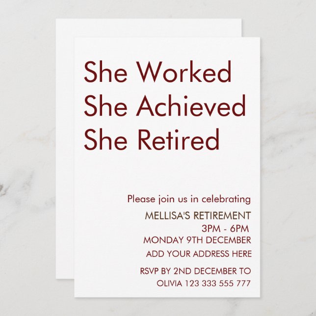 She Worked She Achieved She Retired Retirement Fun Invitation (Front/Back)