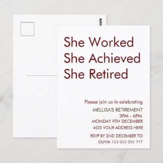 She Worked She Achieved She Retired Retirement Fun Postcard