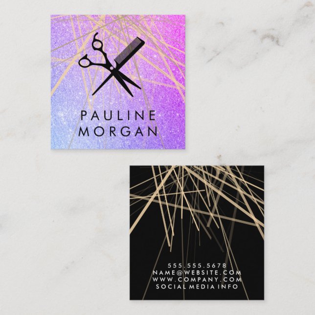 Shear and Comb Elegant Glitter Abstract Lines Square Business Card (Front/Back)