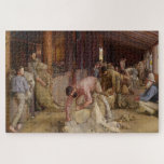 Shearing the Rams (Australian Art) (Tom Roberts) Jigsaw Puzzle<br><div class="desc">This design features a painting by the English-born Australian artist Tom Roberts (1856–1931), who was a key member of the Heidelberg School art movement, also known as Australian impressionism. It shows sheep shearers plying their trade in a timber shearing shed. The painting can be seen as a celebration of rural...</div>