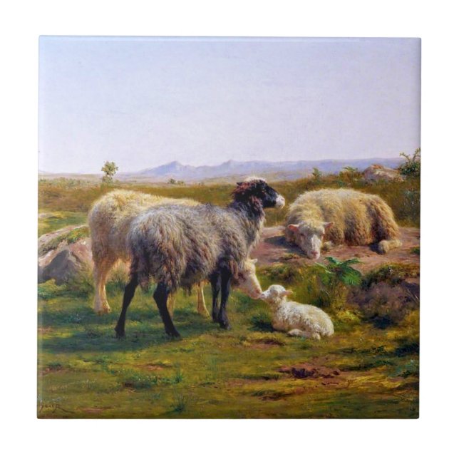 Sheep and a Lamb in Nature (by Rosa Bonheur) Ceramic Tile (Front)