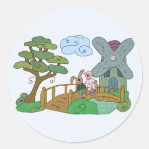 Sheep and hare by the lake classic round sticker