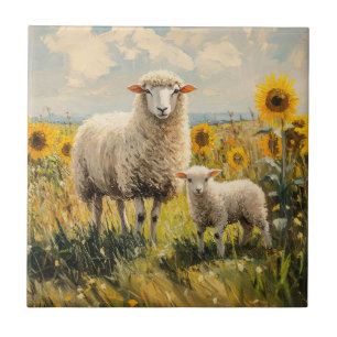 Sheep and Lamb Sunflower Field Ceramic Tile