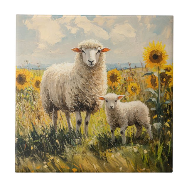 Sheep and Lamb Sunflower Field Ceramic Tile (Front)