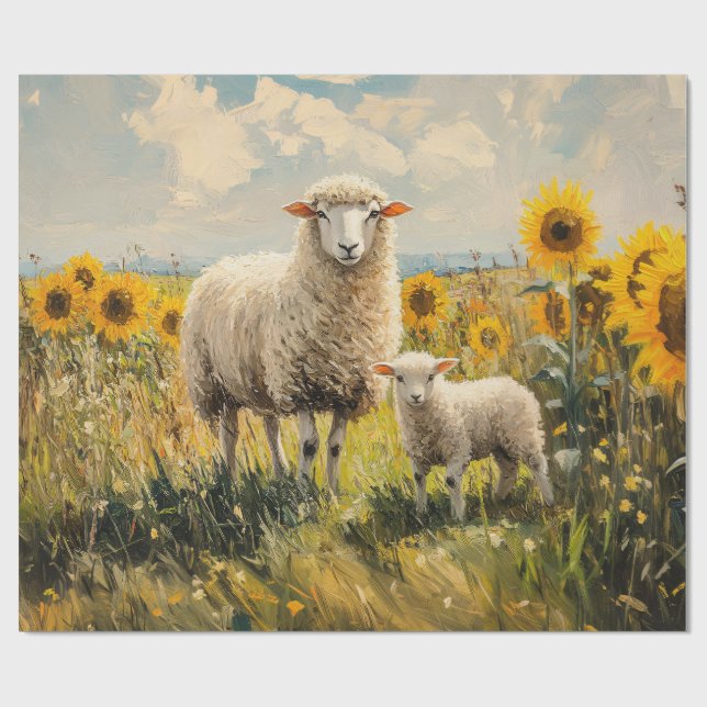 Sheep and Lamb Sunflower Field Decoupage Wrapping Paper (Flat)