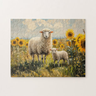 Sheep and Lamb Sunflower Field Jigsaw Puzzle
