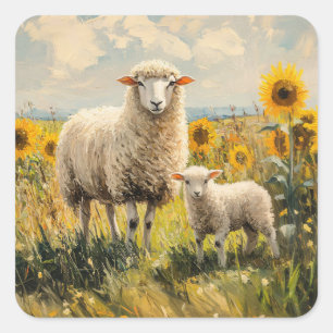 Sheep and Lamb Sunflower Field Square Sticker