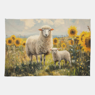 Sheep and Lamb Sunflower Field Tea Towel