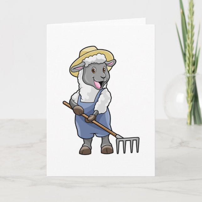 Sheep as Farmer with Rake & Hat Card (Front)