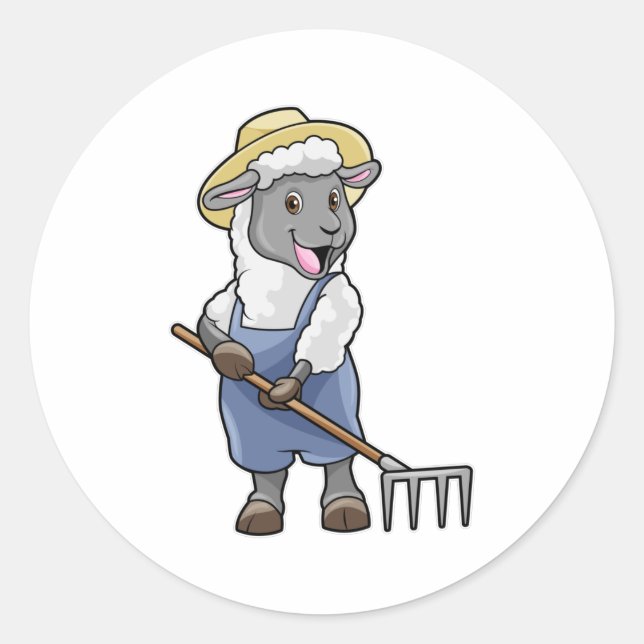 Sheep as Farmer with Rake & Hat Classic Round Sticker (Front)