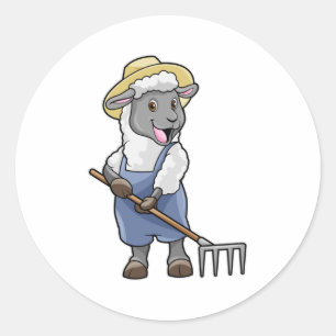 Sheep as Farmer with Rake & Hat Classic Round Sticker