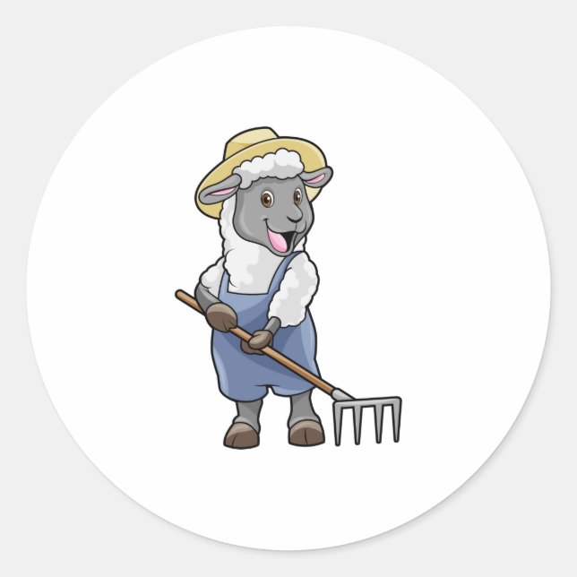 Sheep as Farmer with Rake & Hat Classic Round Sticker (Front)