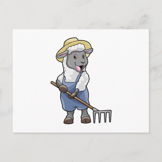 Sheep as Farmer with Rake & Hat Postcard (Front)