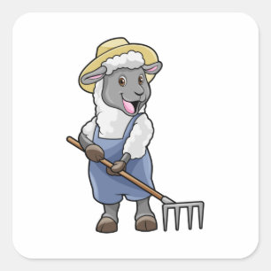 Sheep as Farmer with Rake & Hat Square Sticker